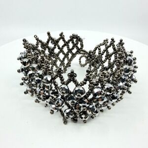 Vintage Y2K Gunmetal Woven Seed Bead Wide Cuff Bracelet Metallic Faceted Crystal